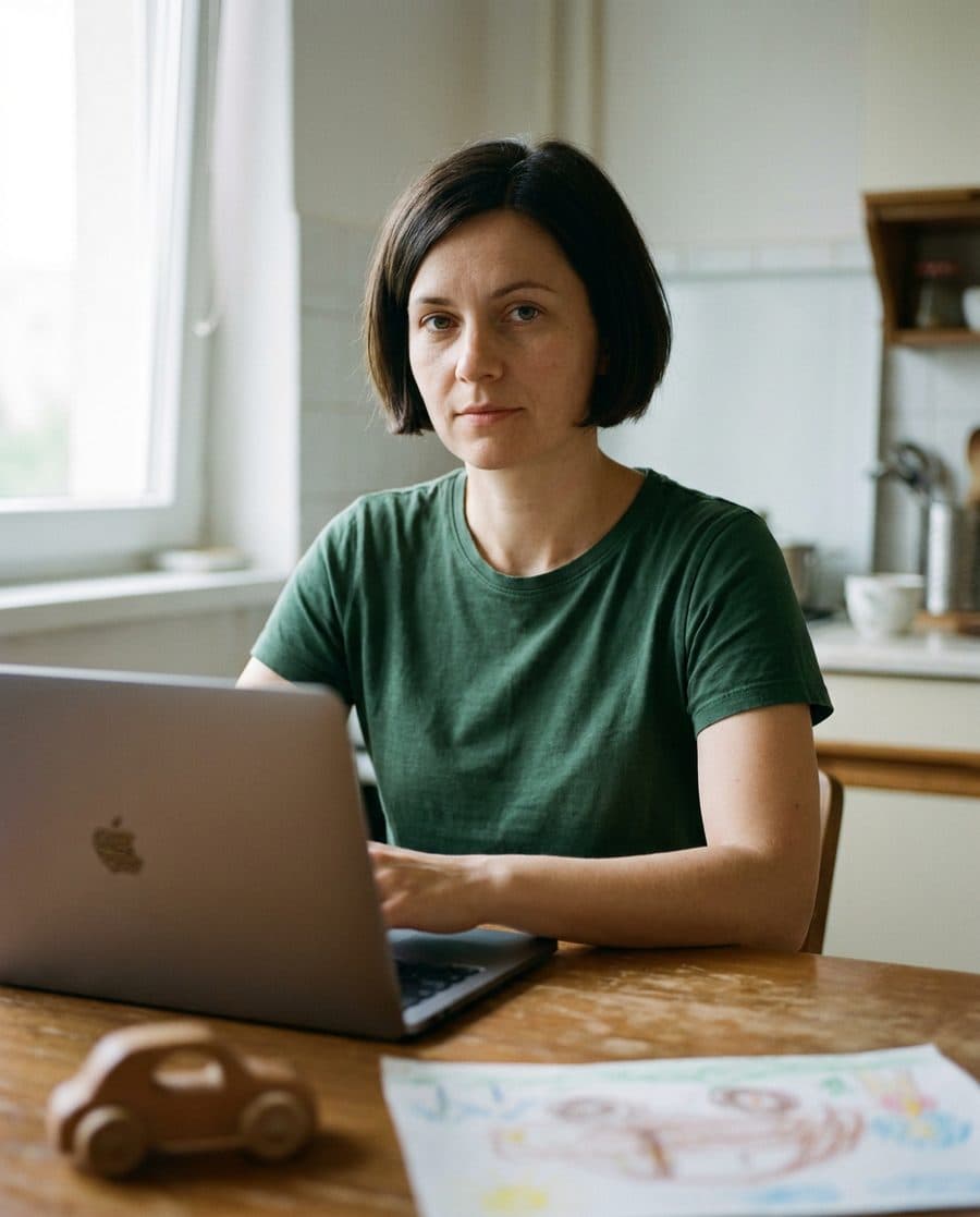 Žena pri notebooku doma pri kuchynskom stole