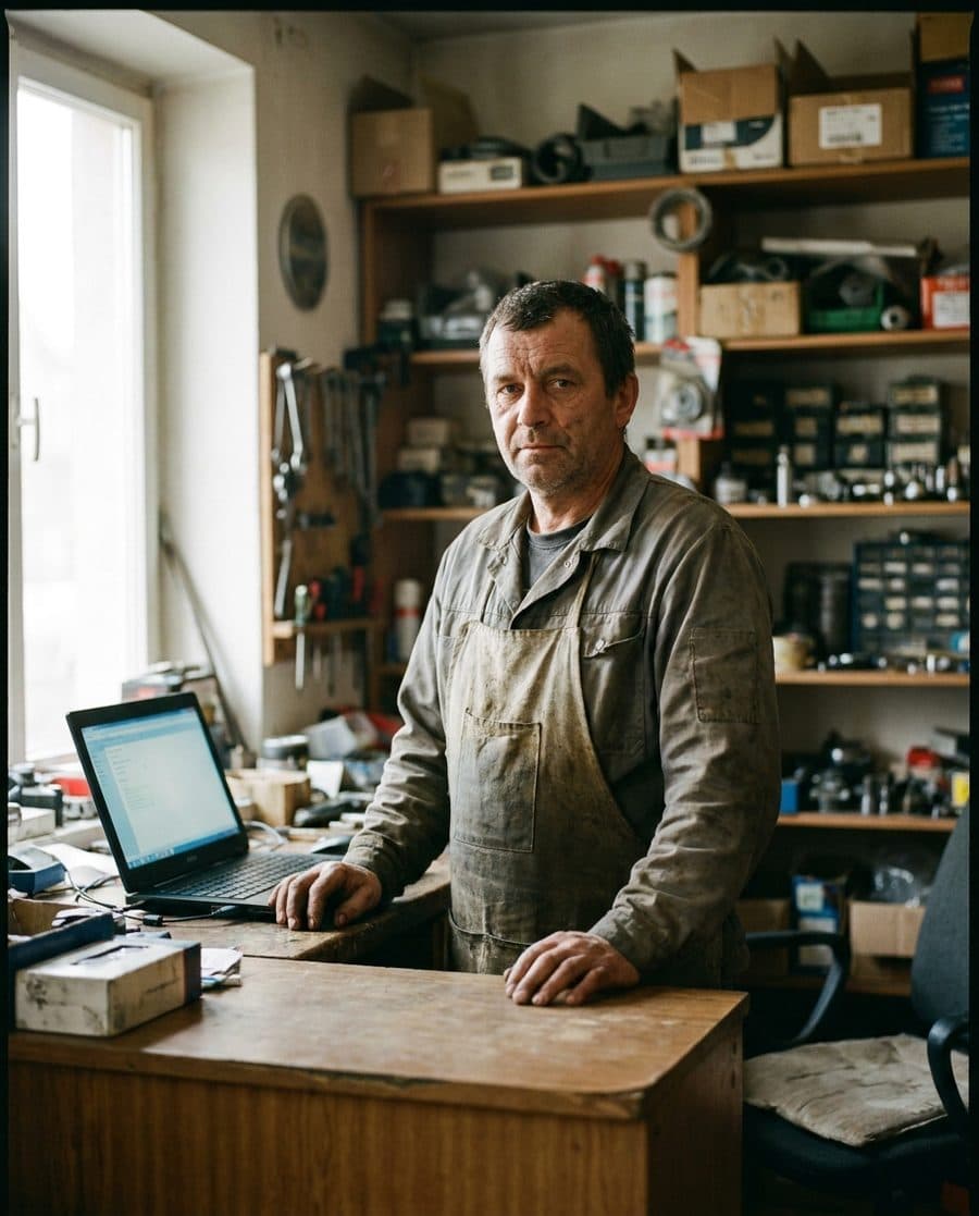 Živnostník za pultom vlastnej prevádzky s notebookom