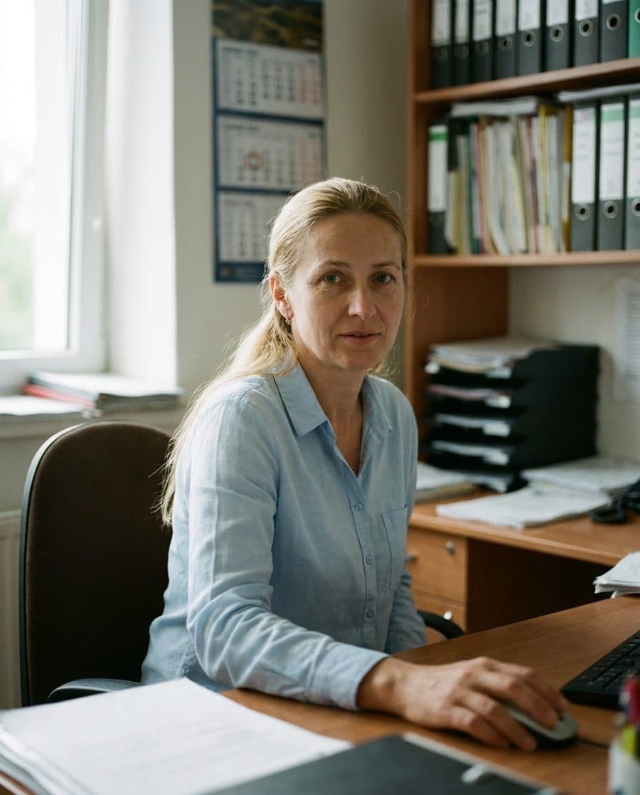 Žena pri pracovnom stole v malej kancelárii