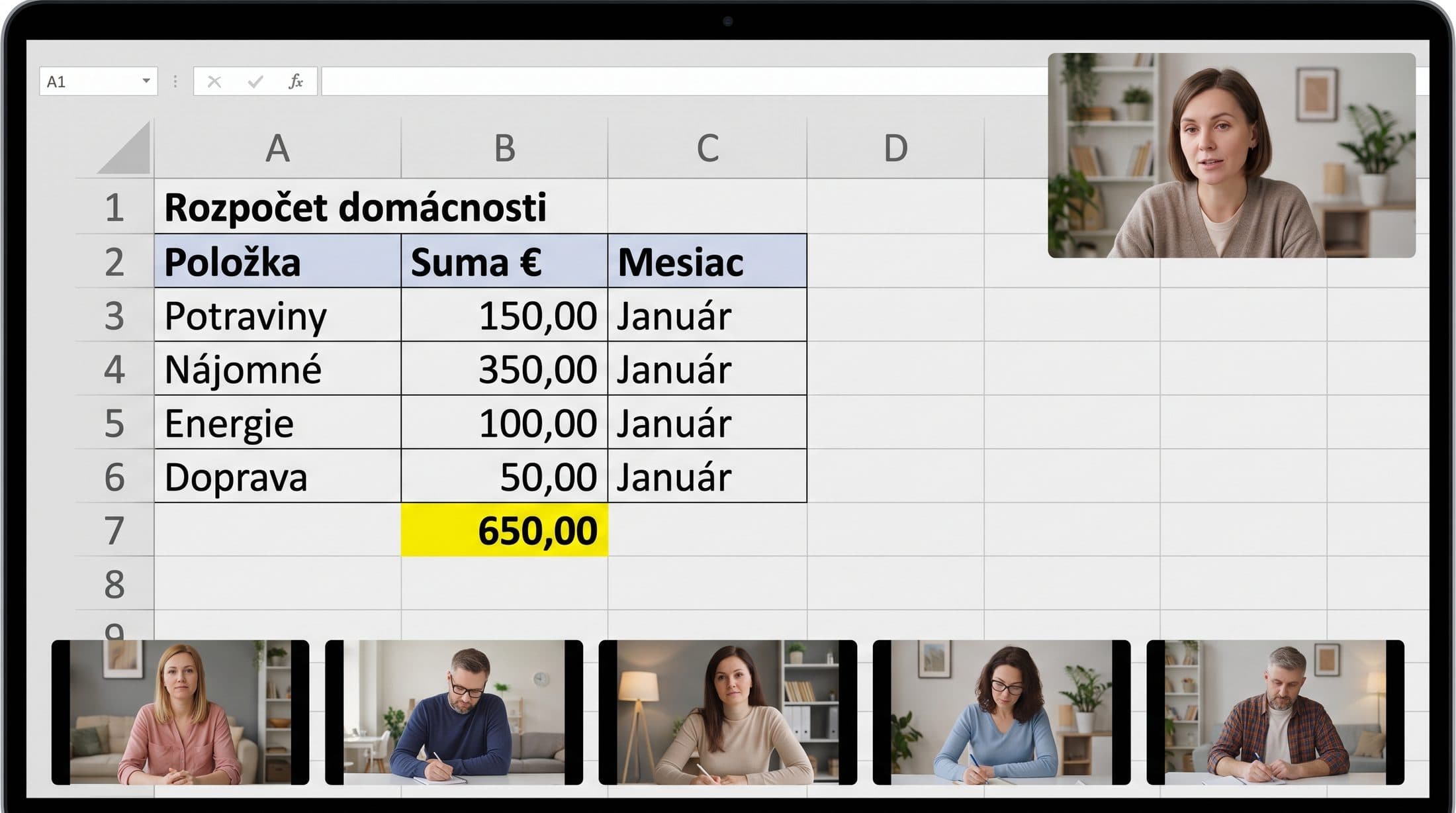 Ukážka online lekcie: lektorka vysvetľuje tabuľku rozpočtu domácnosti v Exceli, účastníci sledujú cez Zoom